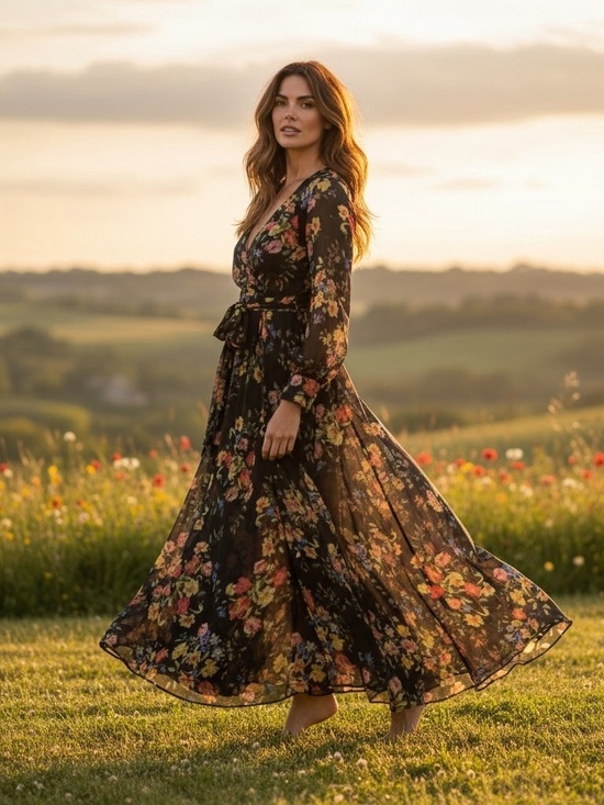 Spy Zone Exchange Dresses & Skirts - Floral Maxi Dress Medium Black Sheer V-Neck Boho Whimsical Romantic Sexy